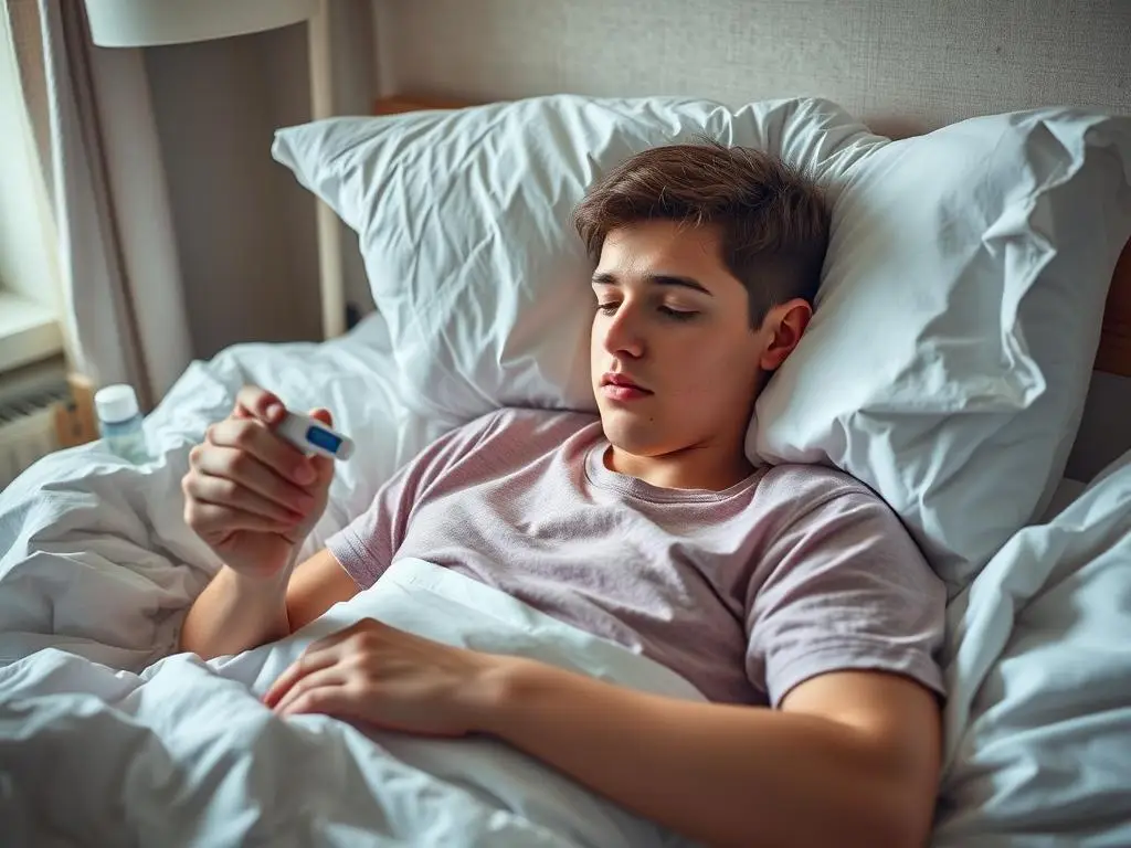 Chory uczeń w łóżku z termometrem i lekami, jak nie iść do szkoły