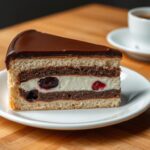 Ciasto Fale Dunaju Siostry Anastazji na talerzu z widocznymi warstwami i polewą czekoladową