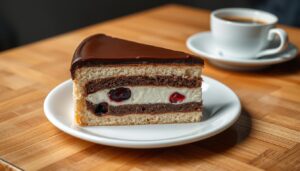 Ciasto Fale Dunaju Siostry Anastazji na talerzu z widocznymi warstwami i polewą czekoladową