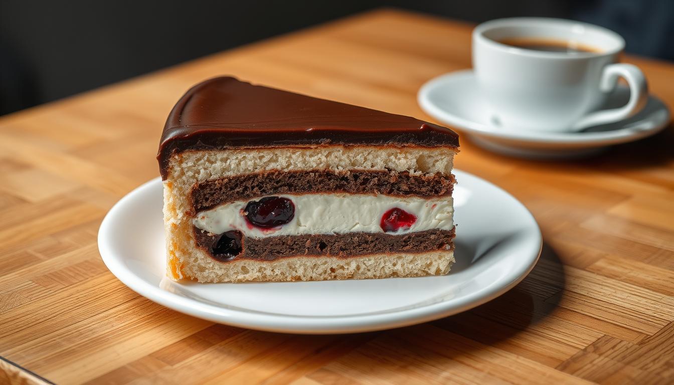 Ciasto Fale Dunaju Siostry Anastazji na talerzu z widocznymi warstwami i polewą czekoladową