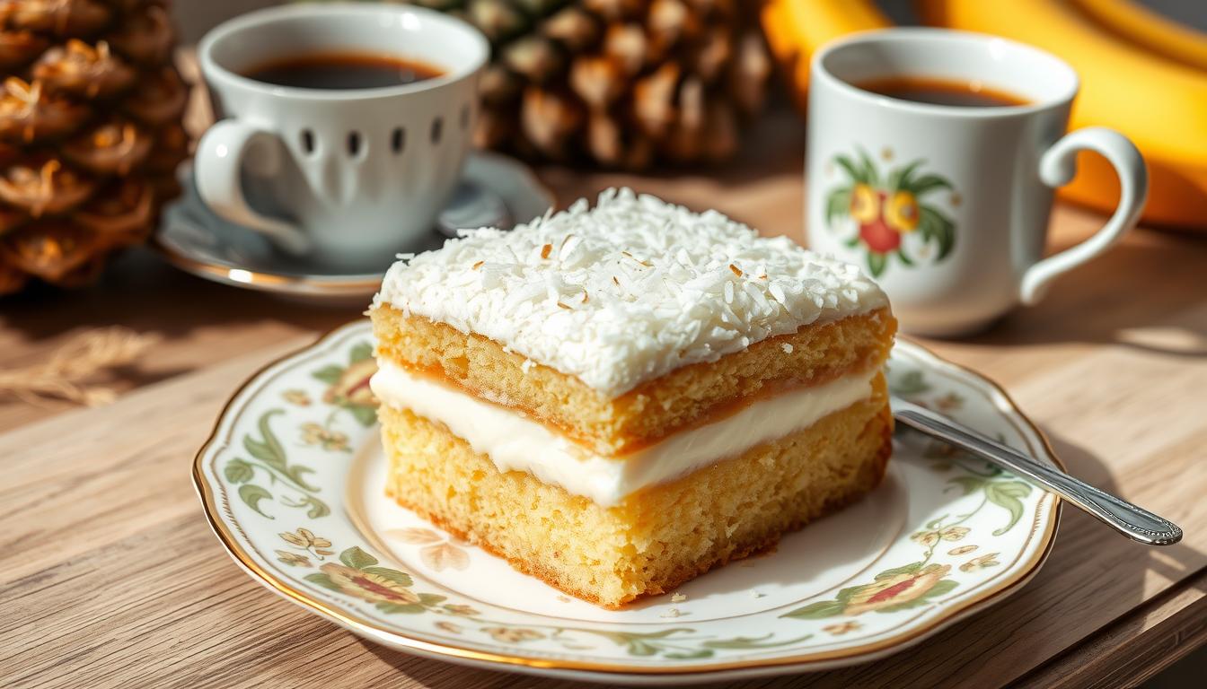 Ciasto ananasowo kokosowe siostry Anastazji na talerzyku z kawą