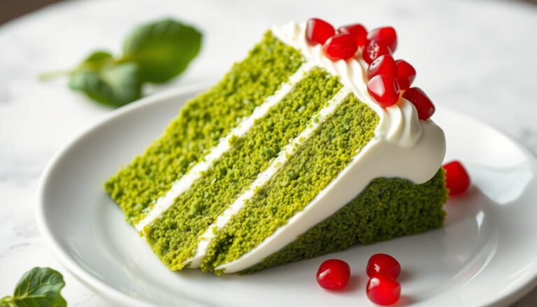 Ciasto leśny mech przepis siostry Anastazji na talerzu z widoczną zieloną warstwą ciasta, białym kremem i pestkami granatu na wierzchu