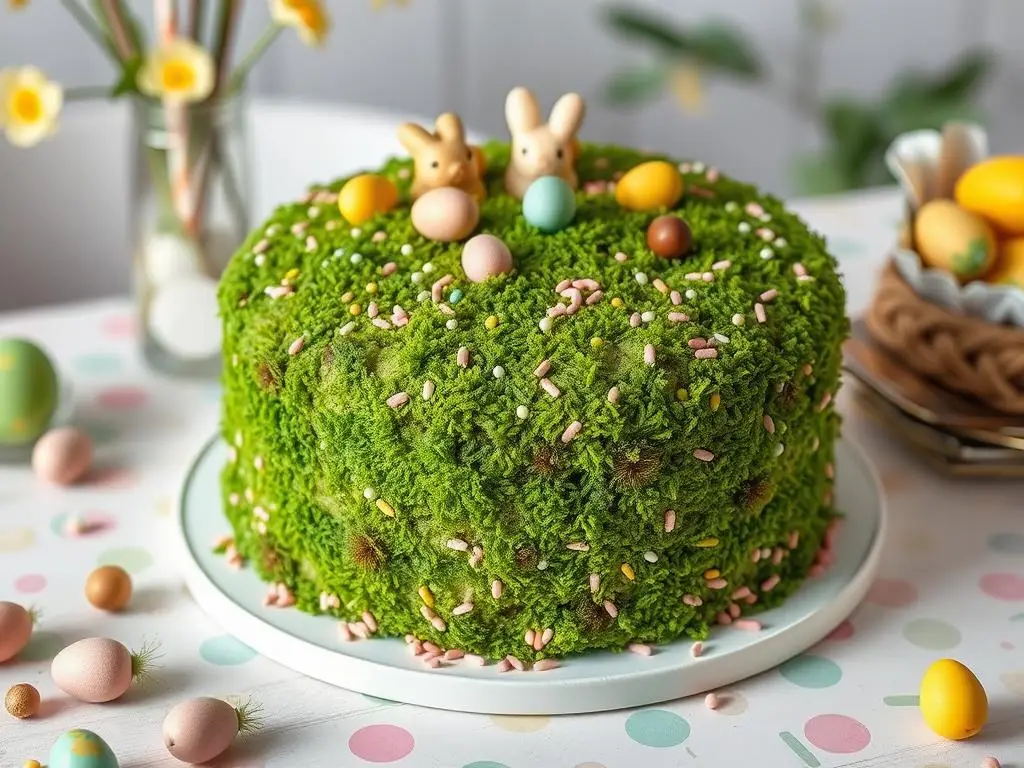 Ciasto leśny mech w wersji świątecznej z wielkanocnymi dekoracjami