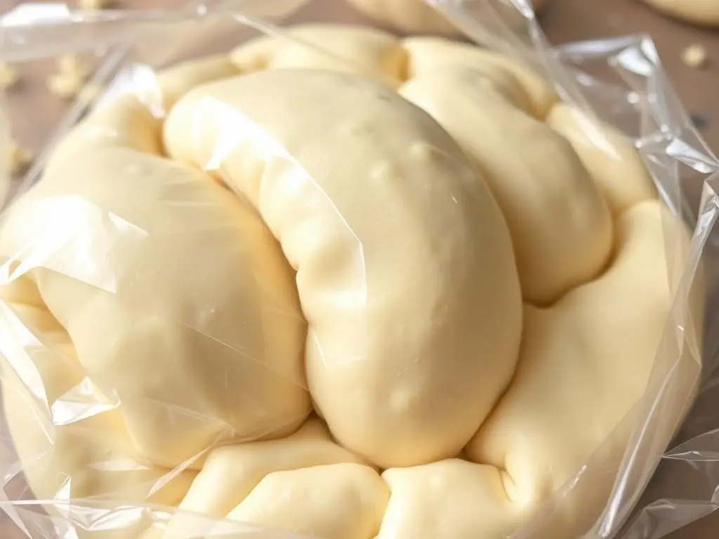 Ciasto na rogaliki krucho drożdżowe siostry Anastazji zawinięte w folię przed włożeniem do lodówki Ciasto na rogaliki krucho drożdżowe siostry Anastazji zawinięte w folię przed włożeniem do lodówki