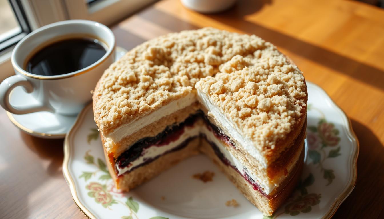 Ciasto pleśniak siostry Anastazji na talerzu z filiżanką kawy