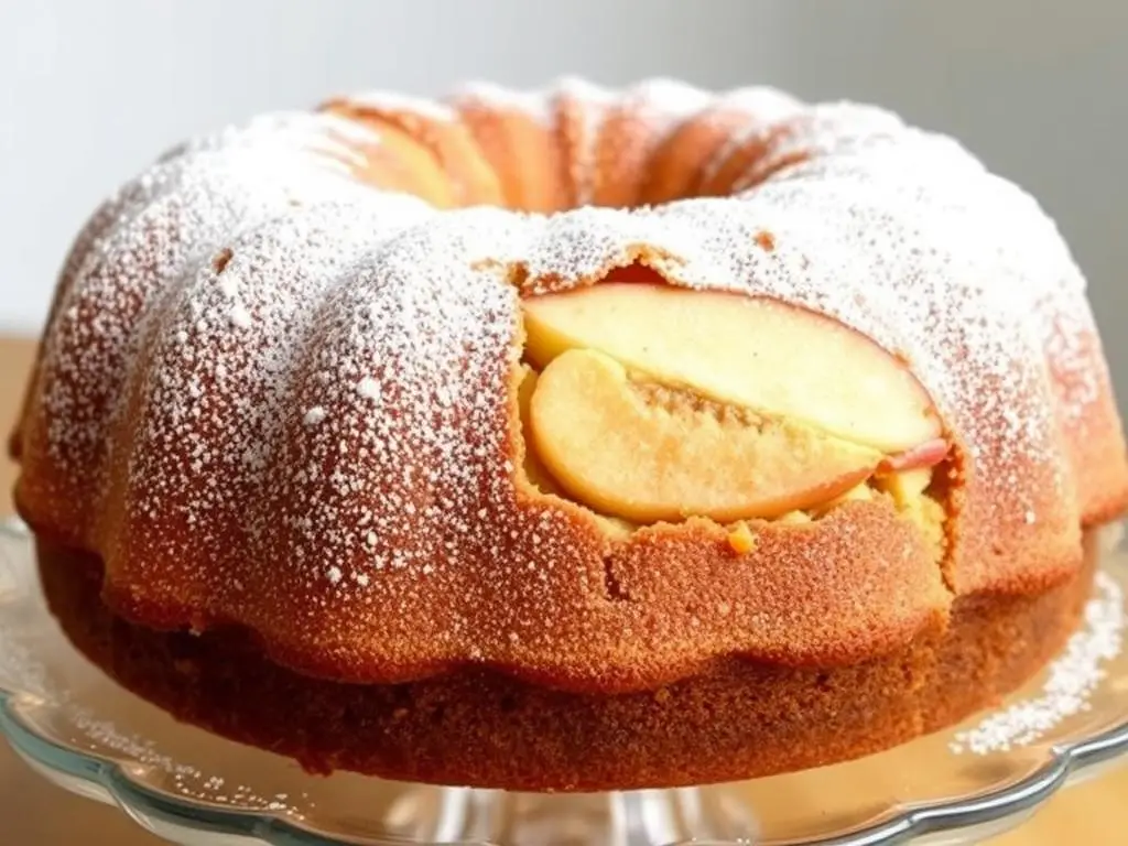 Ciasto ucierane z jabłkami i budyniem posypane cukrem pudrem Ciasto ucierane z jabłkami i budyniem posypane cukrem pudrem