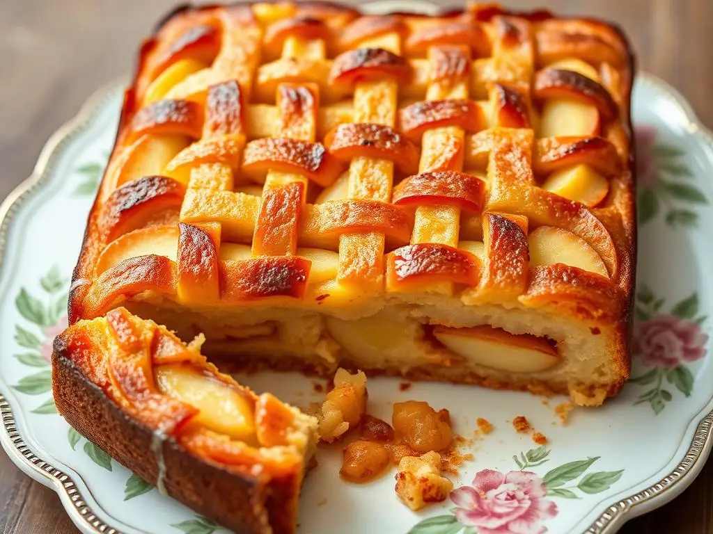 Ciasto z jabłkami i budyniem siostry Anieli z charakterystycznym wzorem na wierzchu Ciasto z jabłkami i budyniem siostry Anieli z charakterystycznym wzorem na wierzchu