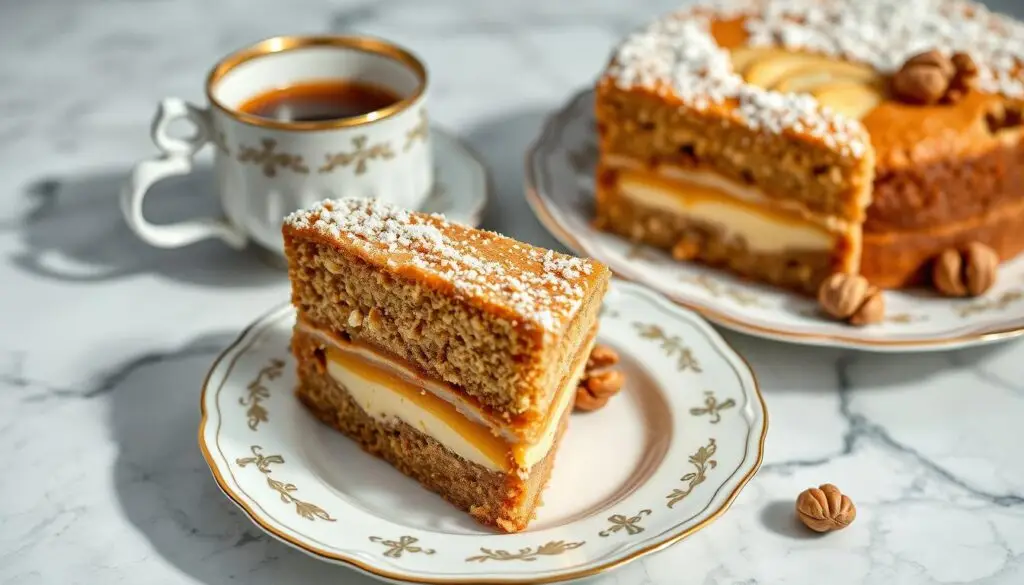 Ciasto z orzechami i jabłkami siostry Anastazji podane z kawą na eleganckim talerzu Ciasto z orzechami i jabłkami siostry Anastazji podane z kawą na eleganckim talerzu