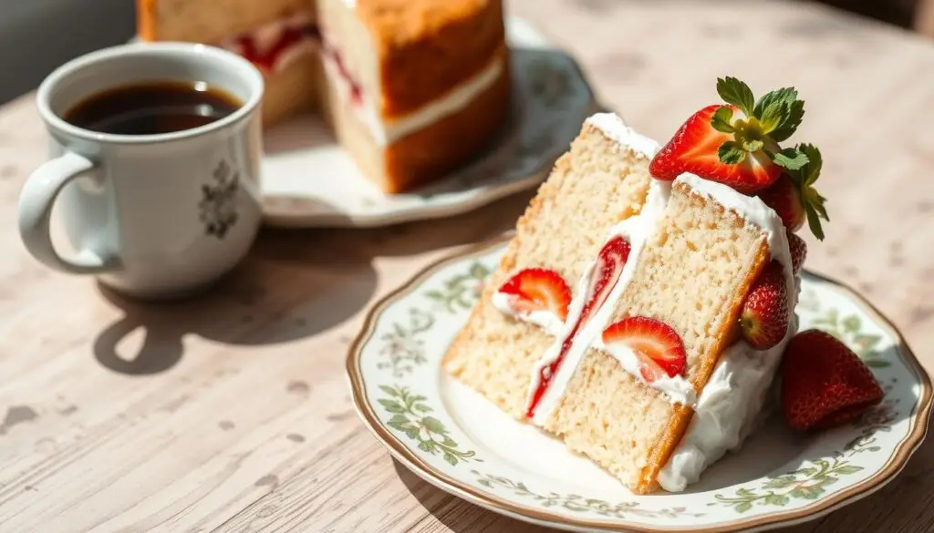 Ciasto z truskawkami według przepisu Siostry Anastazji na talerzyku z filiżanką kawy