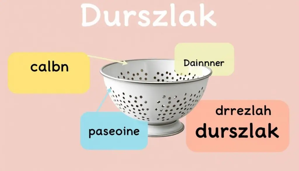 Durszlak z podpisami w różnych językach - colander (angielski), Sieb (niemiecki), passoire (francuski)