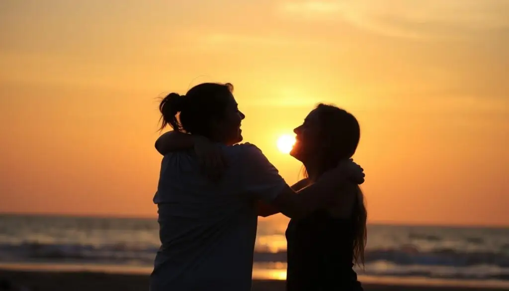 Dwie przyjaciółki przytulające się i śmiejące podczas zachodu słońca