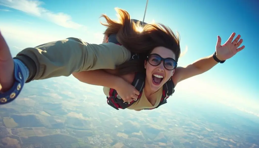 Dwie przyjaciółki skaczące ze spadochronem w tandemie