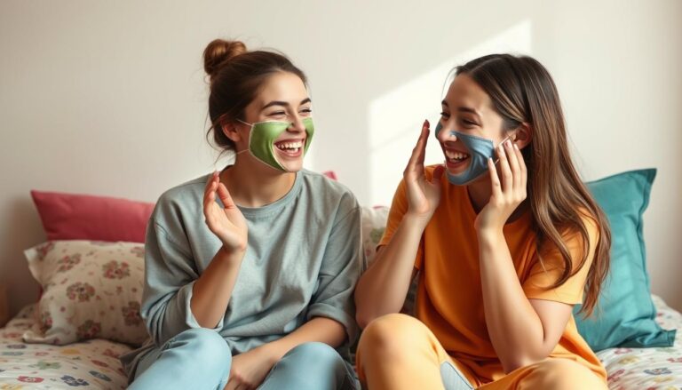 Dwie przyjaciółki śmiejące się podczas robienia masek na twarz w domu