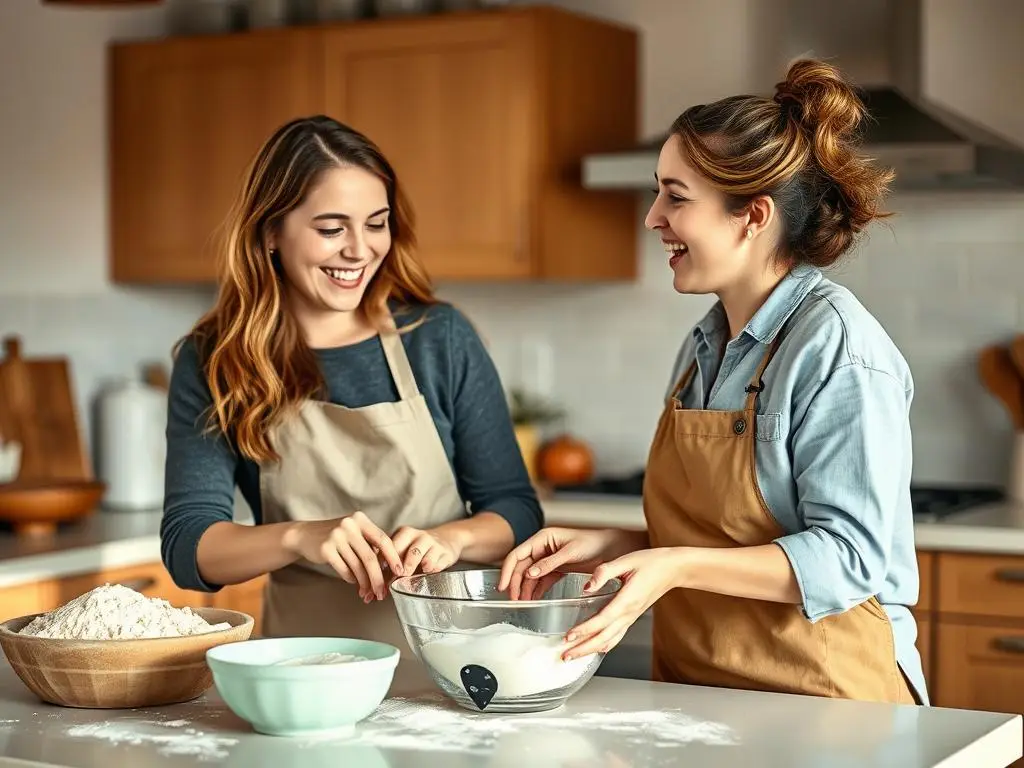 Dwie przyjaciółki wspólnie przygotowujące ciasto w kuchni
