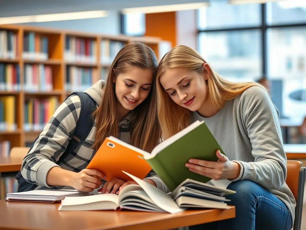 Dwoje licealistów uczących się razem w bibliotece, pokazujące jak być popularnym w szkole i mieć dobre oceny Dwoje licealistów uczących się razem w bibliotece, pokazujące jak być popularnym w szkole i mieć dobre oceny