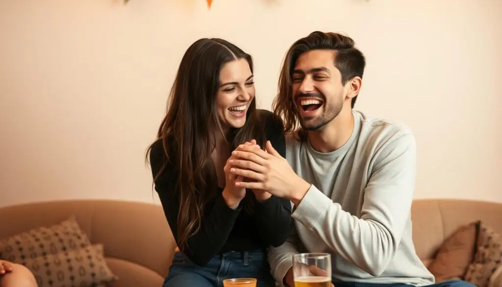 Dziewczyna robiąca żartobliwy prank na chłopaku podczas gry towarzyskiej