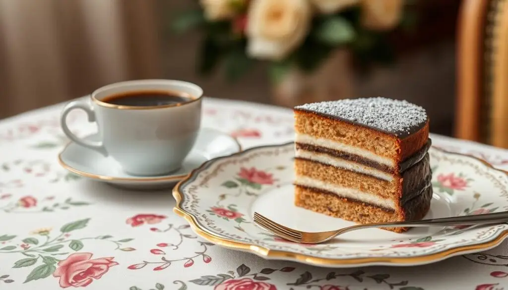 Elegancko podane ciasto góra lodowa z filiżanką kawy na stole