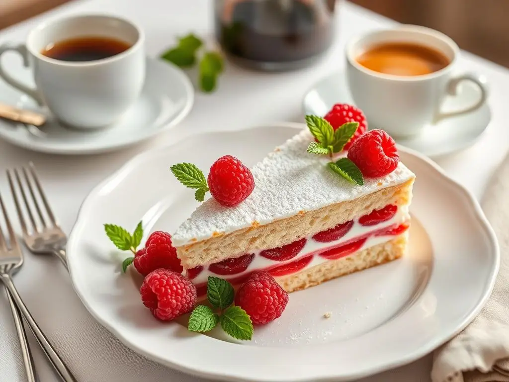 Elegancko podane ciasto malinowa chmurka siostry Anastazji na talerzu deserowym