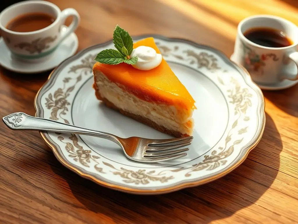 Elegancko podany kawałek sernika z brzoskwiniami siostry Anastazji