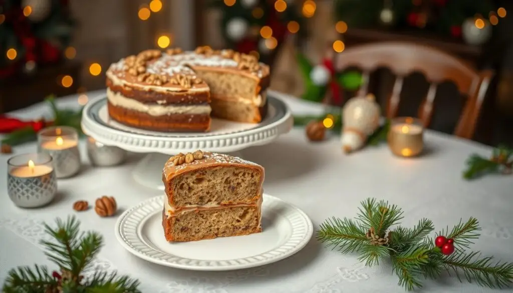 Elegancko podany tort orzechowy siostry Anastazji na świątecznym stole Elegancko podany tort orzechowy siostry Anastazji na świątecznym stole