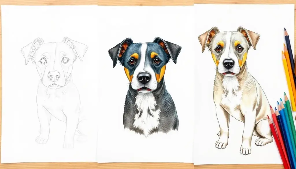 Etapy kolorowania rysunku psa kredkami