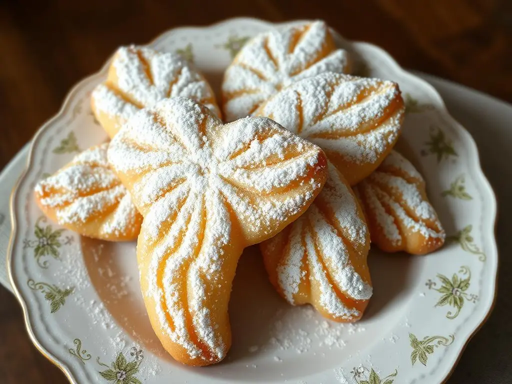 Faworki siostry Anastazji posypane cukrem pudrem na talerzu Faworki siostry Anastazji posypane cukrem pudrem na talerzu