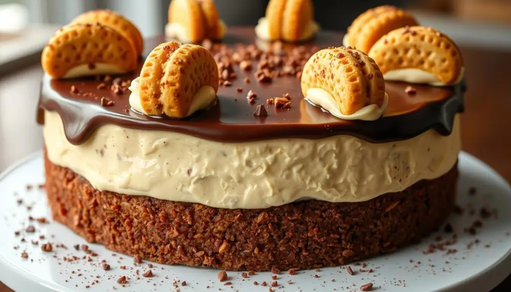 Gotowe ciasto góra lodowa z charakterystycznymi wystającymi biszkoptami i dwukolorową polewą