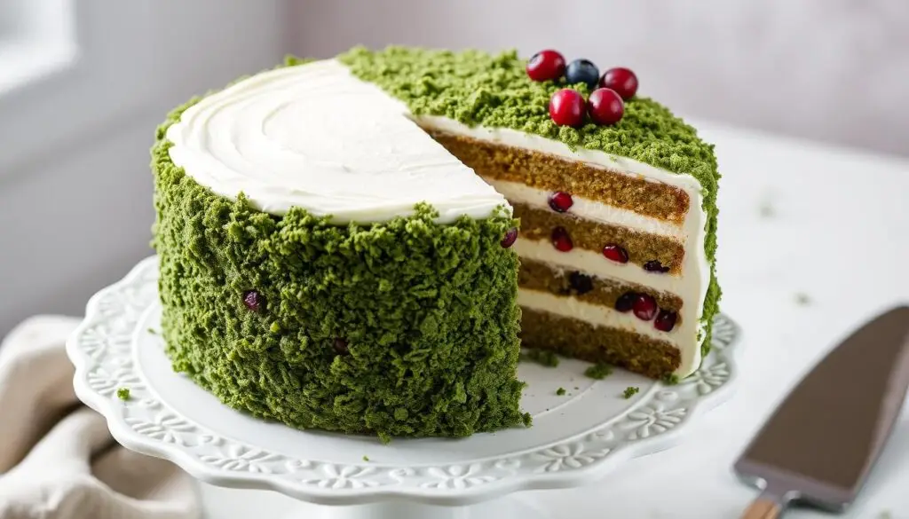 Gotowe ciasto leśny mech siostry Anastazji z widoczną warstwą kremu i posypką z pokruszonego ciasta
