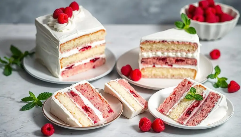 Gotowe ciasto malinowa chmurka siostry Anastazji w całości i pokrojone na porcje