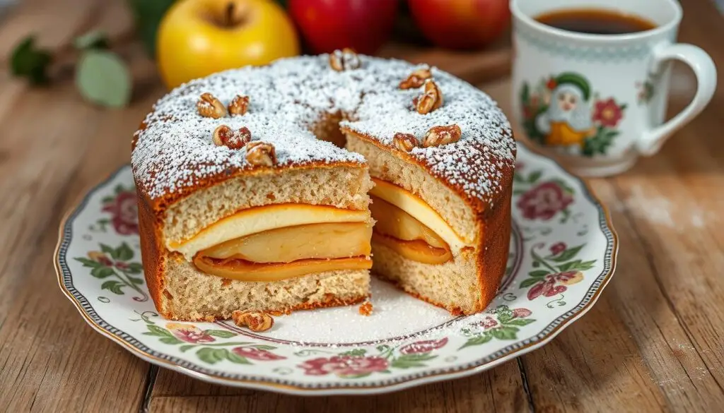 Gotowe ciasto z orzechami i jabłkami siostry Anastazji pokrojone na kawałki Gotowe ciasto z orzechami i jabłkami siostry Anastazji pokrojone na kawałki