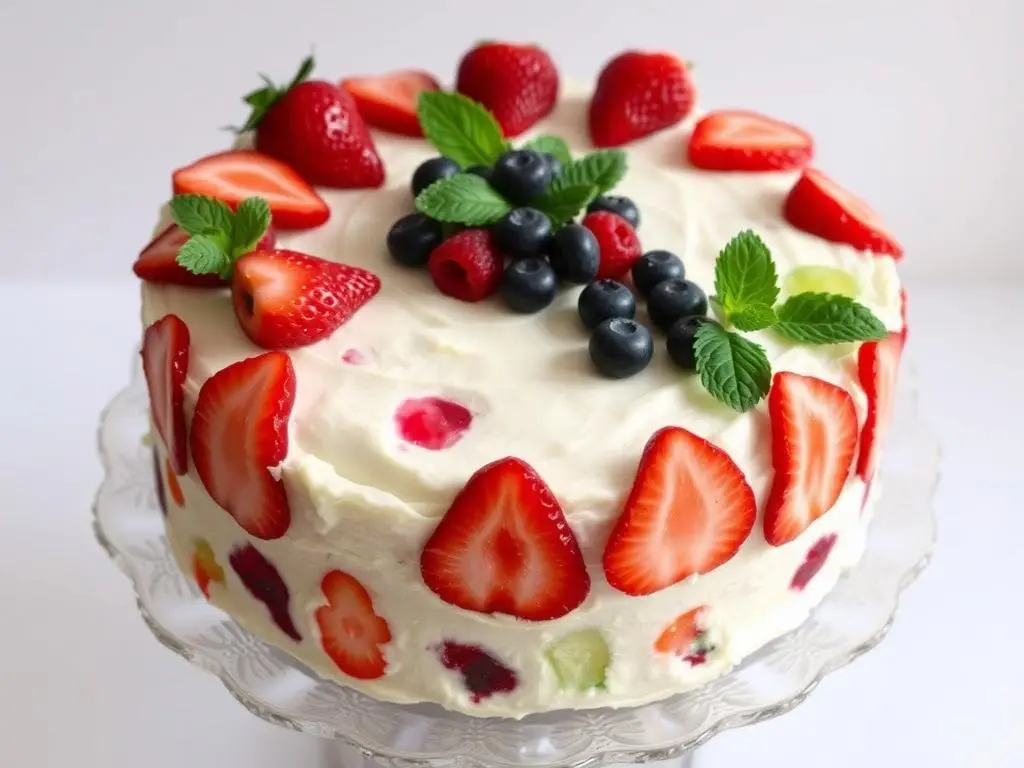 Gotowy śmietanowiec z galaretką siostry Anastazji udekorowany owocami