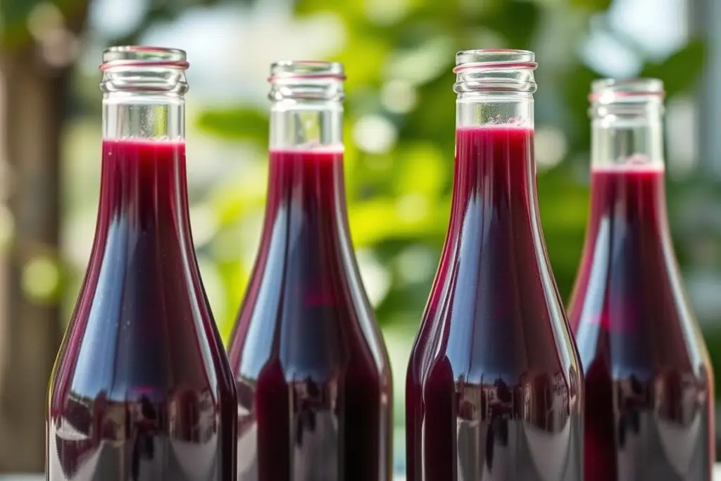 Gotowy sok z aronii w szklanych butelkach, ukazujący jego intensywny, ciemnofioletowy kolor