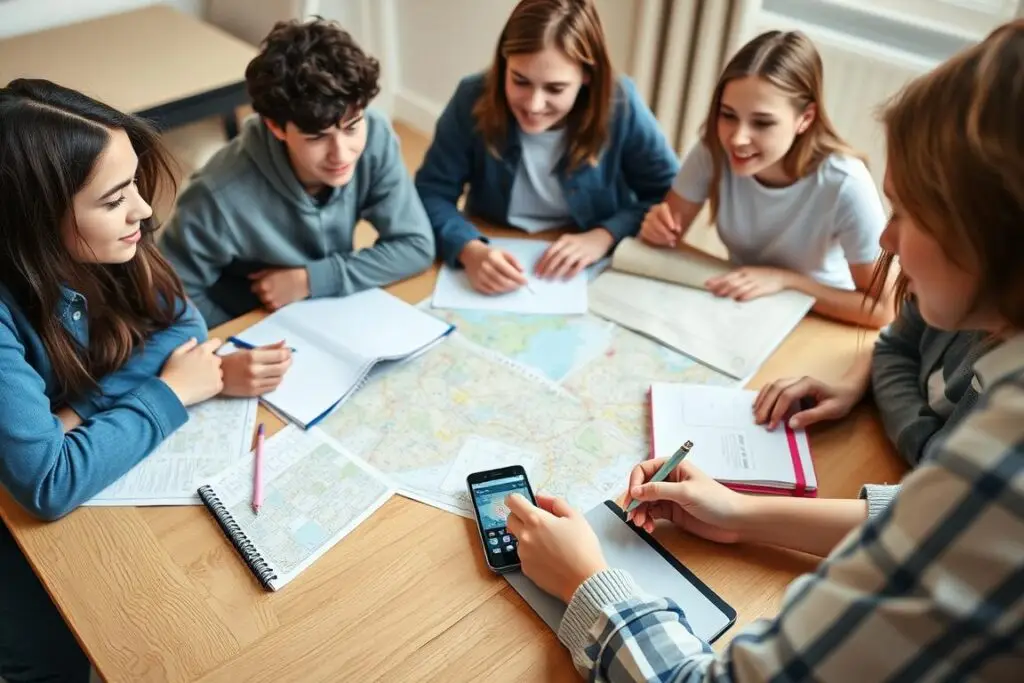 Grupa nastolatków planująca wyjazd, rozłożone mapy i notatki