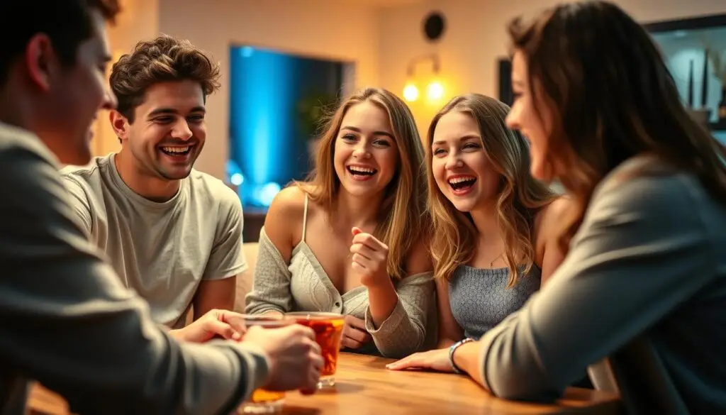 Grupa przyjaciół śmiejąca się podczas zadawania spicy pytań w grze towarzyskiej