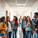 Grupa uśmiechniętych licealistów rozmawiających na korytarzu szkolnym, pokazująca jak być popularnym w szkole i mieć dobre oceny