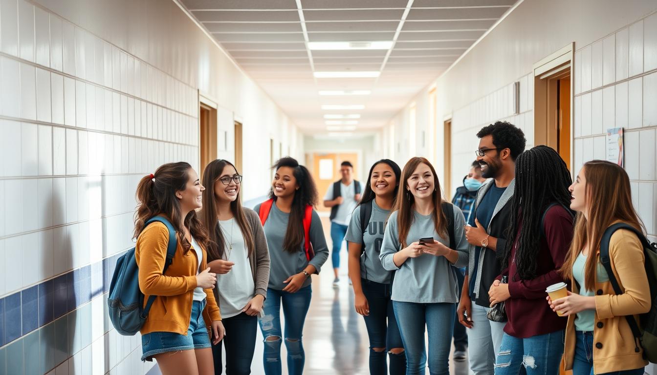 Grupa uśmiechniętych licealistów rozmawiających na korytarzu szkolnym, pokazująca jak być popularnym w szkole i mieć dobre oceny