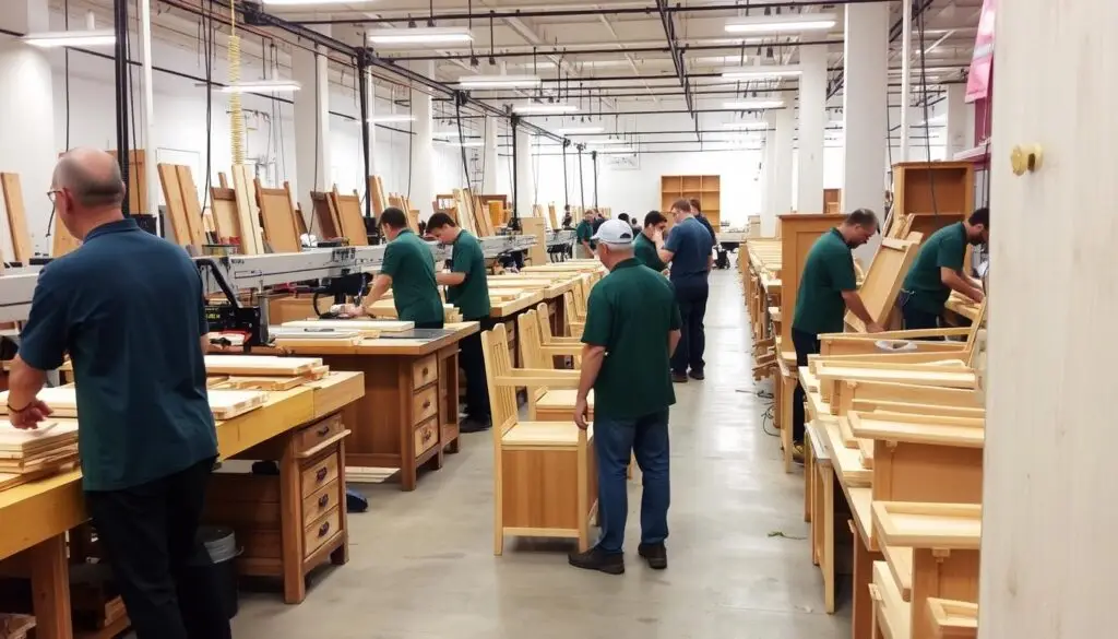 Hala produkcyjna fabryki mebli z widocznym procesem produkcyjnym