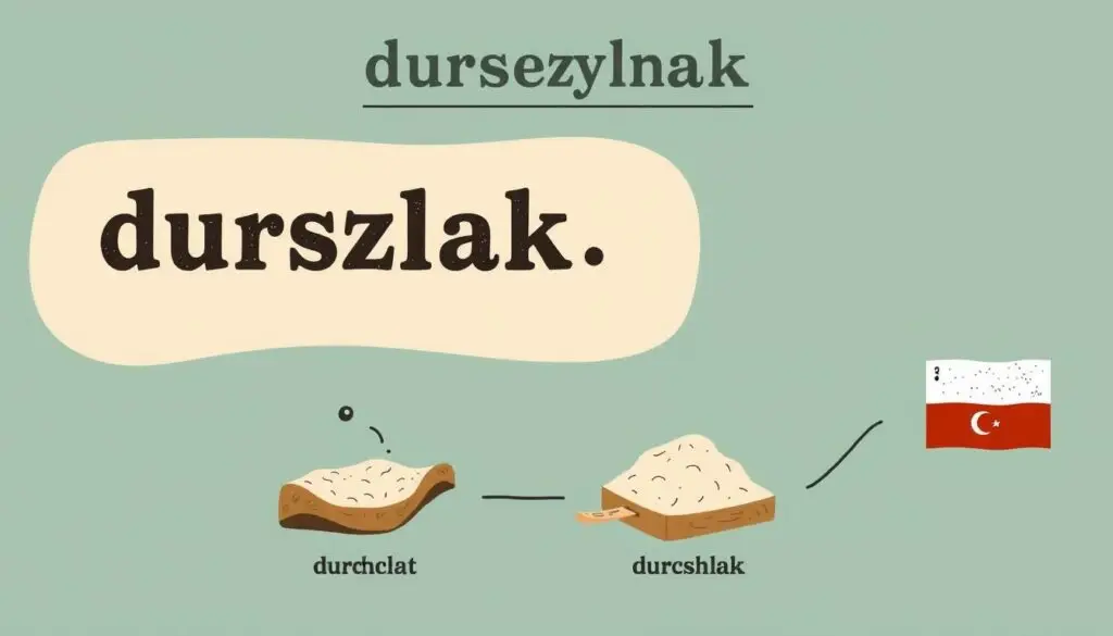 Ilustracja przedstawiająca historię słowa durszlak - od niemieckiego Durchschlag do polskiego durszlak