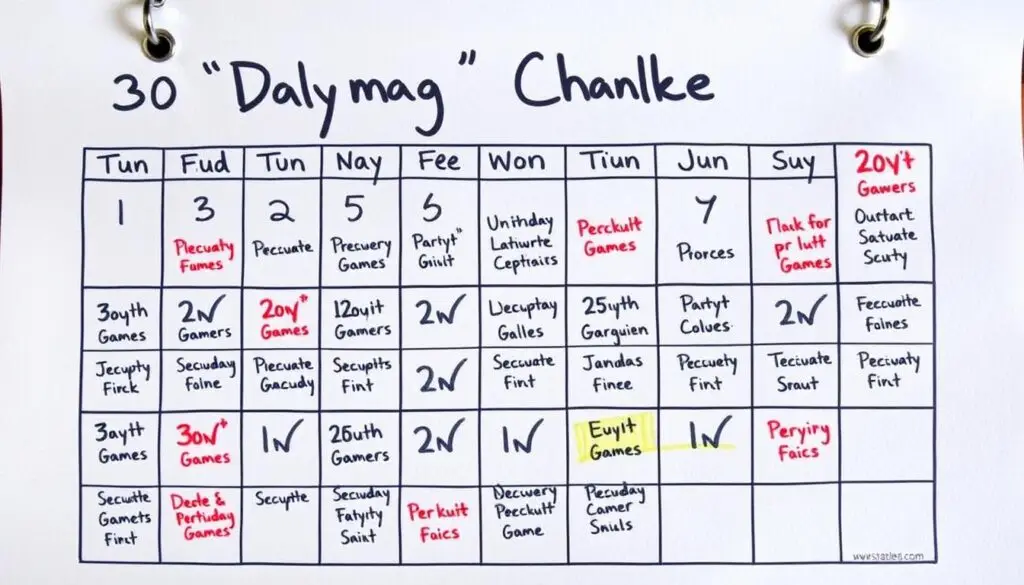 Kalendarz z zaznaczonym wyzwaniem 30 dni związanym z grami towarzyskimi