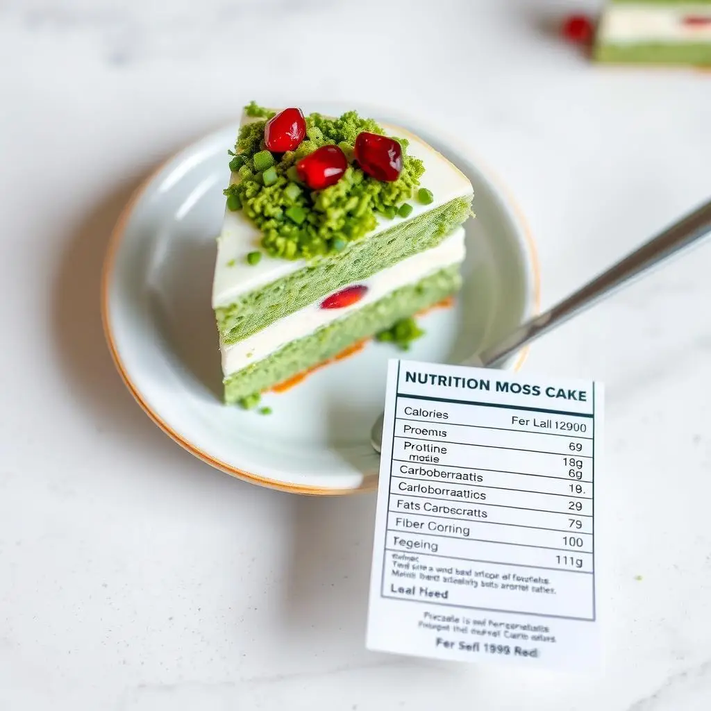 Kawałek ciasta leśny mech na talerzyku z widoczną wartością odżywczą