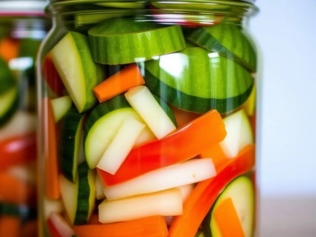 Kolorowa sałatka z cukinii siostry Anastazji w słoiku, z widocznymi kawałkami papryki, marchewki i cebuli Kolorowa sałatka z cukinii siostry Anastazji w słoiku, z widocznymi kawałkami papryki, marchewki i cebuli