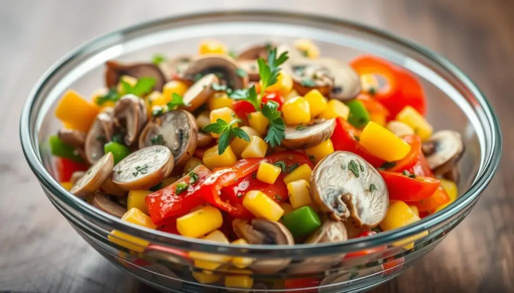 Kolorowa sałatka z pieczarek i papryki Siostry Anastazji w szklanej misce