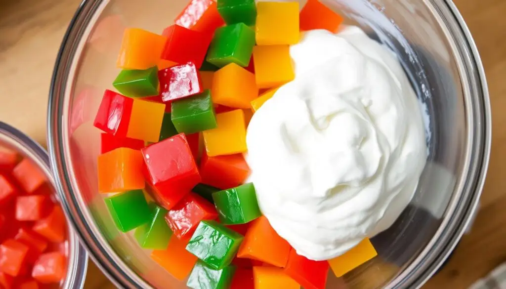 Kolorowe galaretki pokrojone w kostkę do śmietanowca z przepisu siostry Anastazji
