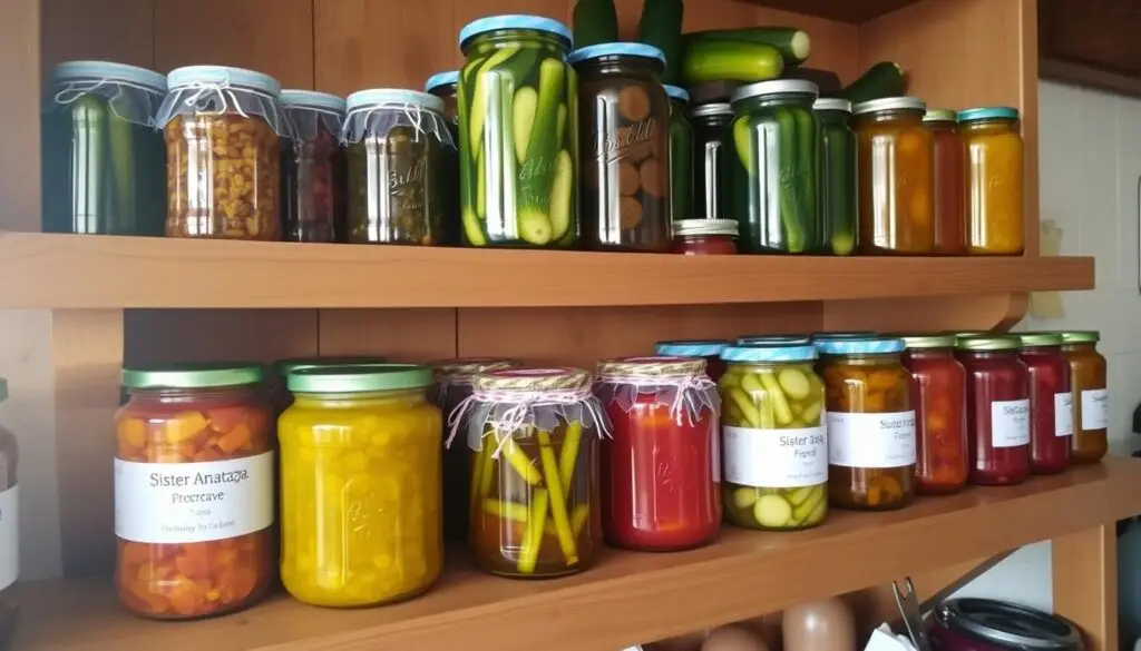 Kolorowe słoiki z przetworami z cukini na zimę siostry Anastazji ustawione na drewnianej półce Kolorowe słoiki z przetworami z cukini na zimę siostry Anastazji ustawione na drewnianej półce