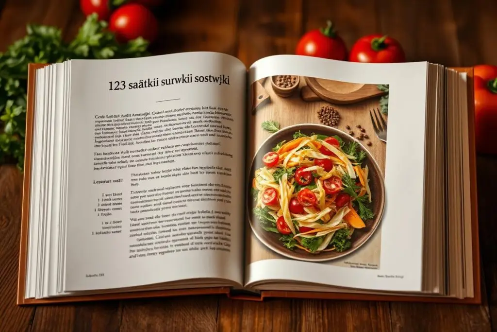 Książka kucharska '123 sałatki i surówki Siostry Anastazji' otwarta na przepisie sałatki jarzynowej