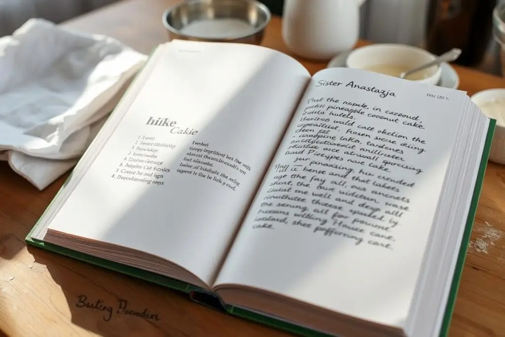 Książka kucharska siostry Anastazji otwarta na przepisie na ciasto ananasowo kokosowe Książka kucharska siostry Anastazji otwarta na przepisie na ciasto ananasowo kokosowe