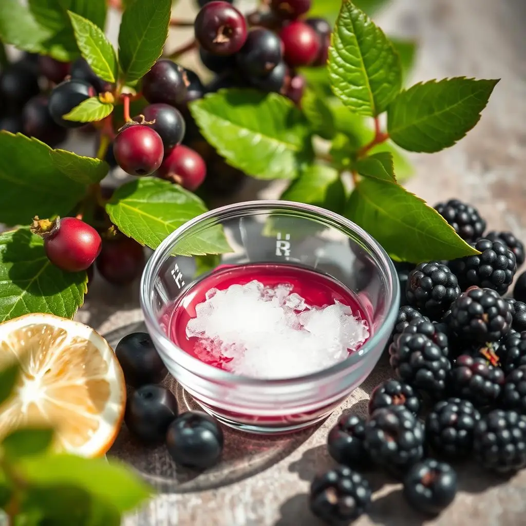 Kwasek cytrynowy w małej miseczce obok owoców aronii