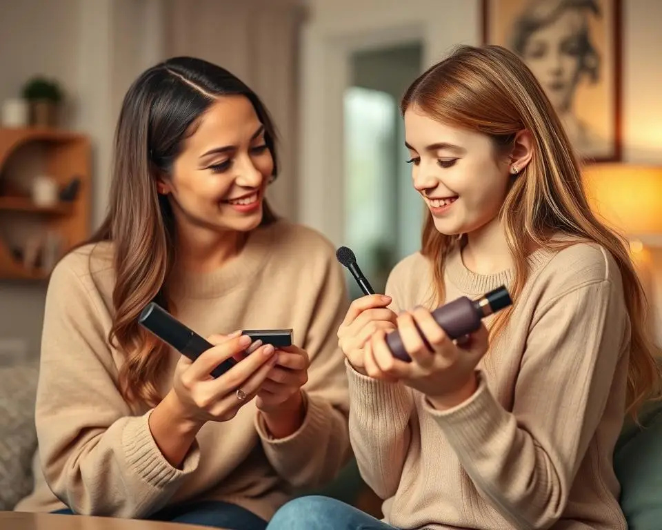 Mama i córka razem oglądające kosmetyki i rozmawiające