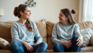 Matka i córka rozmawiające w przyjaznej atmosferze o pierwszej miesiączce