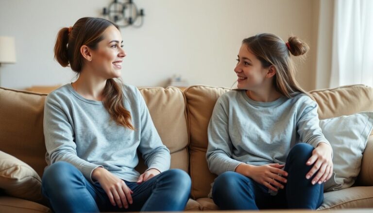 Matka i córka rozmawiające w przyjaznej atmosferze o pierwszej miesiączce